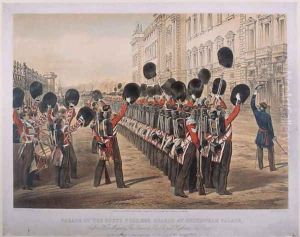 Parade of the Scots Fusilier Guards at Buckingham Palace on the morning of their departure for the Seat of War, March 2nd 1854, engraved by E. Walker, published by Colnaghi and Co., 1854 by George Housman Thomas