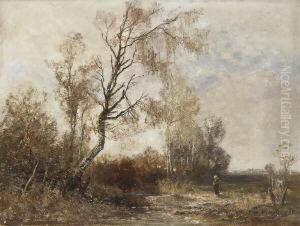 Magd Am Bachlauf In Herbstlicher
 Landschaft. by Joseph Wenglein