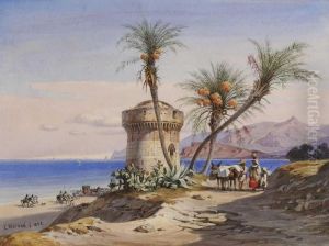 Sizilien - Bauernfamilie Mit Maultieren Bei Einem Rundturm An Der Kuste