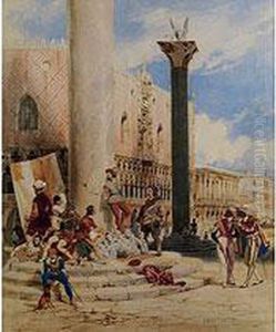 Bunte Gesellschaft Am Fuss Der Markussaule Vor Dem Dogenpalast by Carl Friedrich H. Werner
