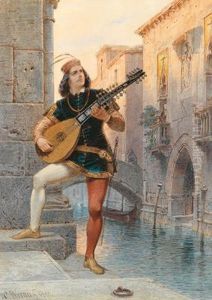 Venezianischer Lautenspieler An Einemcanale by Carl Friedrich H. Werner