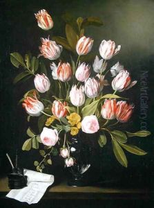 Tulips, yellow and pink roses in a glass vase by Jan Philip van Thielen