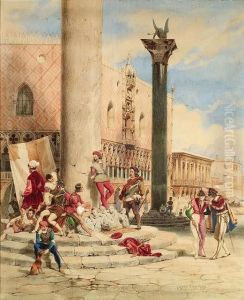 Venice. Idleness On The Piazzetta At The Doge's Palace. by Carl Friedrich H. Werner