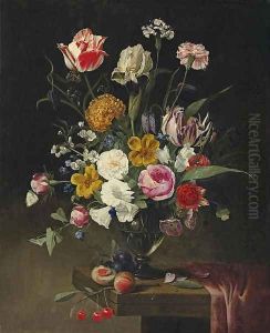 Roses, tulips, carnations and an iris in a glass vase on a draped stone ledge by Jan Philip van Thielen