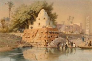 Figures By A Riverside Temple