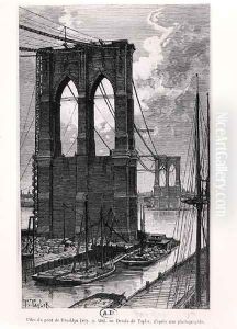 Brooklyn Bridge Under Construction, drawn after a photograph, 1878 by T. Taylor