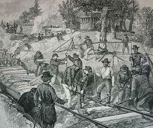 Troops destroying a railroad track - view 1