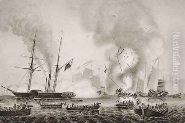 The Hon. East India Companys steamer Nemesis and the boats of The Sulpher, Calliope,Larne and Starling destroying the Chinese war junks in Ansons Bay. January 7, 1841, illustration from Englands Battles by Sea and Land by Lieut. Col. Williams - view 1