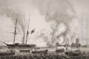 The Hon. East India Companys steamer Nemesis and the boats of The Sulpher, Calliope,Larne and Starling destroying the Chinese war junks in Ansons Bay. January 7, 1841, illustration from Englands Battles by Sea and Land by Lieut. Col. Williams