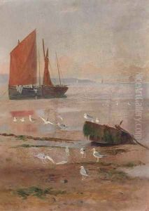 Seagulls on beach at low tide with fishing boats on the shore by Henry Spernon Tozer