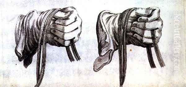 Study of two gloved hands holding the reins of a double bridle from New Treatise for Breeding Horses written by Winters, Stuterey and Reit-Schul, pub. 1672 - view 1