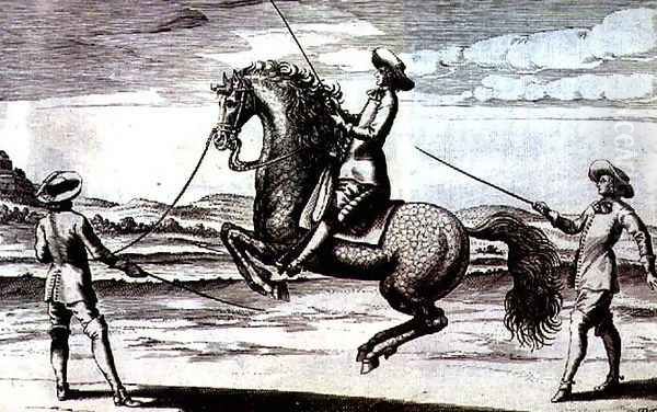 Illustration of a horse en Croupade from New Treatise for Breeding Horses written by Winters, Stuterey and Reit-Schul, pub. 1672 - view 1