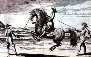 Illustration of a horse en Croupade from New Treatise for Breeding Horses written by Winters, Stuterey and Reit-Schul, pub. 1672 by Peter Paul Troschel