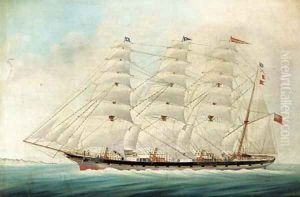 The four-masted barque Crown of Germany under full sail in coastal waters by Robert Taylor