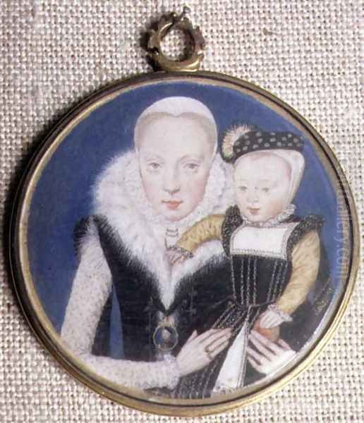Portrait miniature of Lady Katherine Seymour, nee Grey c.1538-68 Countess of Hertford, holding her infant son and wearing her husbands miniature, c.1562 - view 1