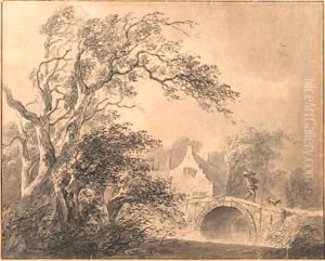 A figure on a bridge by a house, a tree in the foreground by Lievine Teerlink
