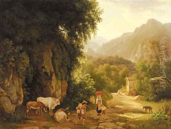 An Italianate landscape with travellers and peasants on a mountain track, others praying in front of a chapel beyond - view 1