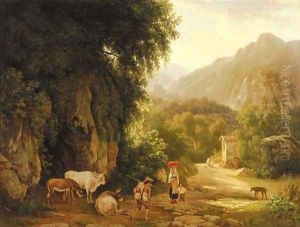 An Italianate landscape with travellers and peasants on a mountain track, others praying in front of a chapel beyond by Lievine Teerlink