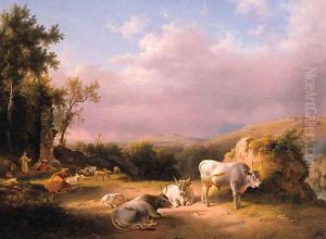 Buffaloes in the Roman Campagna at sunset with cattle, shepherds and tavellers by a ruined wall beyond by Lievine Teerlink