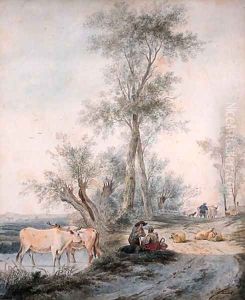 Herdsmen watering their cattle by a wooded road by Lievine Teerlink