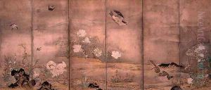 Birds and Flowers in a Landscape, left screen, 1575 by Hagetsu Tosatsu