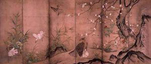 Birds and Flowers in a Landscape, right screen, 1575 by Hagetsu Tosatsu