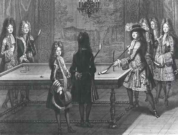 Louis XIV 1638-1715 playing billiards with Philippe I (1640-1701) Duke of Orleans, the Count of Toulouse, the Duke of Vendome, Monsieur dArmagnac and Monsieur de Chamillard, 1694 - view 1