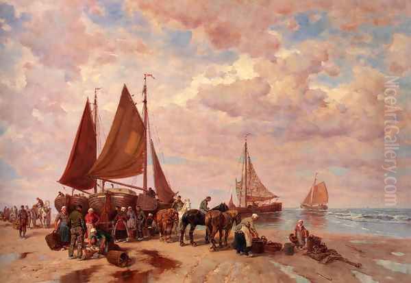 A Coastal Scene Wih Fisherfolk Sorting The Day's Catch, Beached - view 1