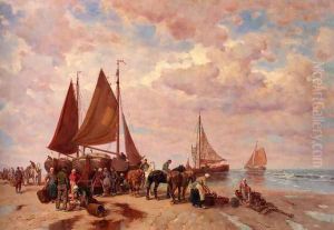 A Coastal Scene Wih Fisherfolk Sorting The Day's Catch, Beached by Desire Thomassin