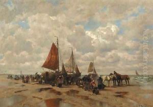 A beachscene with fisherfolk sorting the catch by Desire Thomassin