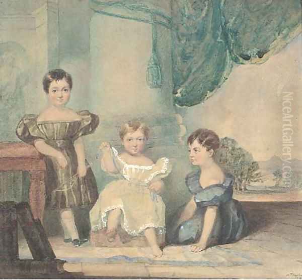 Group portait of three children, seated by a pillar, a landscape beyond - view 1