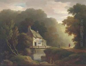 Figure by a cottage in a woodland landscape