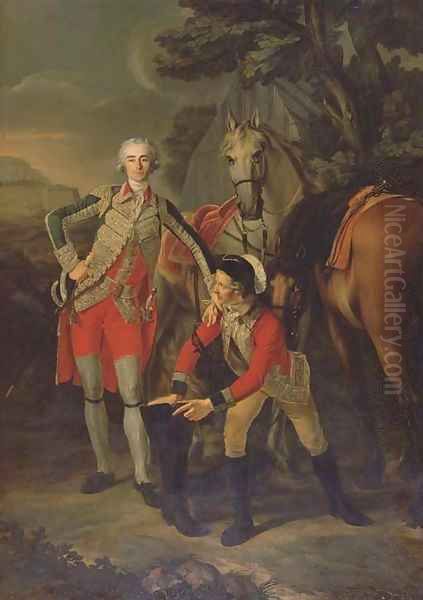 Portrait of Charles Grant, vicomte de Vaux, in uniform as a Lieutenant Colonel of the Garde du Roi, attended by his groom with their horses - view 1