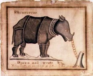 Rhinoceros, drawn and wrote by William Twiddy who never had the use of hands or feet, June 1st 1744 by William Twiddy