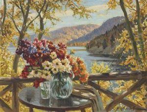 Floral Still Life By A Mountain Lake