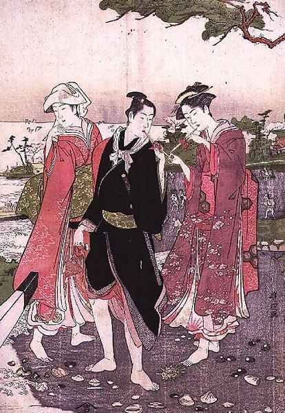 Two girls and a youth on a beach, pub. c.1780 - view 1