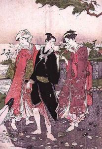 Two girls and a youth on a beach, pub. c.1780 by Toyokuni