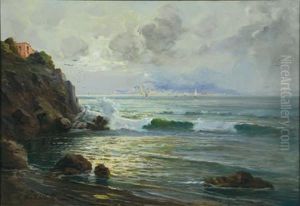 Sunlight Breaking On A Rocky Shore With A Coastal Town In The Distance