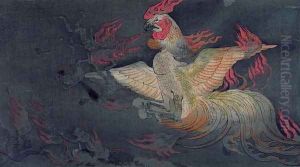 A monstrous animal with the head of a cock, spitting flames, illustration from the Jigoku Zoshi Scroll of the Hells published in Kokka magazine, 1898-9
