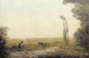 A shepherd beside a camp fire watching his flock by moonlight by John Terris