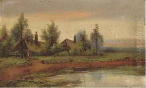 Cottages beside a pool at sunset by Hubert Thornley