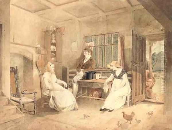 Portrait of John Sell Cotman, Mrs Edmund Miles and Ann Miles in the Miles family farmhouse, Felbrigg, Norfolk - view 1