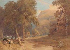 A wooded river landscape with a herdsman and cattle by John Thirtle