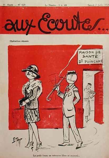 Mission Accomplished, The Franc Leaving Raymond Poincares Nursing Home and Following the Pound Sterling, caricature from the magazine Aux Ecoutes, 1928 - view 1