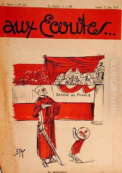 The Sacrificer, Raymond Poincare 1860-1934 in the Arena Readies himself to Strike the Franc with the Sword of Stabilisation, caricature from the magazine Aux Ecoutes, 1928 - view 1