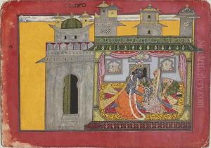Krishna Loosens His Beloveds Belt, from Basohli, in the Punjab Hills, c.1660-70 by The Basohli Master