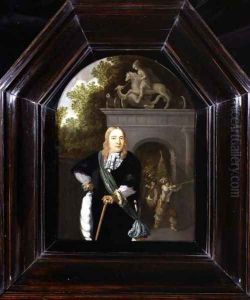 Portrait of Captain Jacobus Van Der Burgh standing before the Doeler Poort, Leiden by Dominicus van Tol