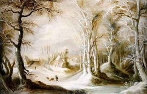 Winter landscape with a peasant walking through snow