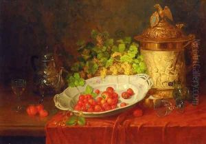 Strawberries, Grapes and an Ornamental Jug on a Draped Table by Karl Thoma-Hofele