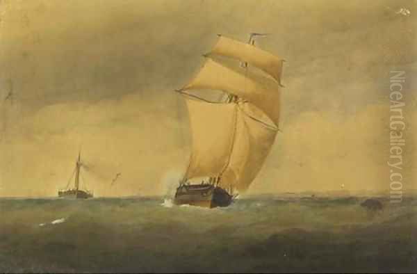 A sailing trader and paddle tug running down Channel - view 1